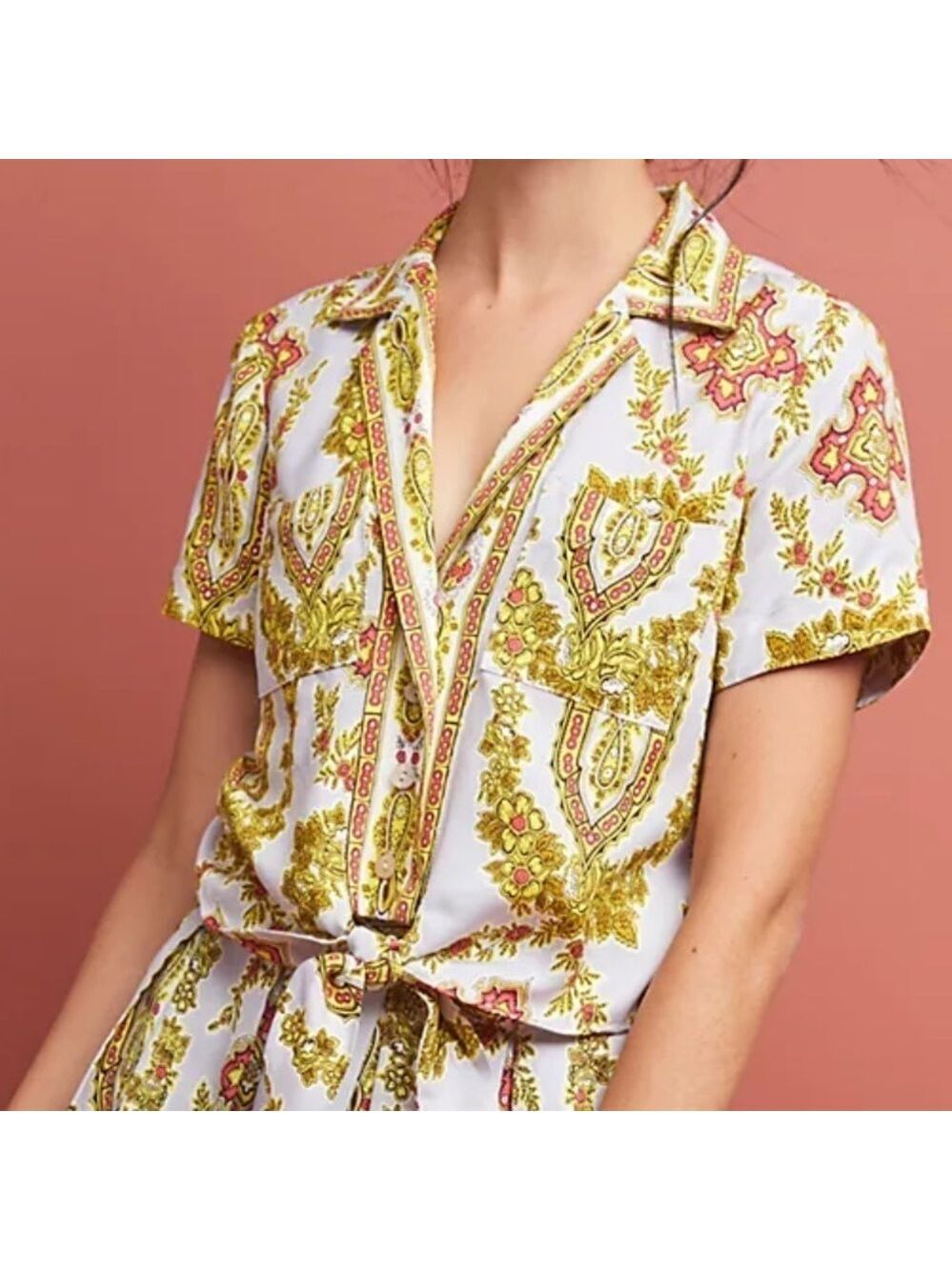Anthropologie Maeve Echarpe Medallion Scarf Print Blouse Sz 6 Cropped Casual EUC